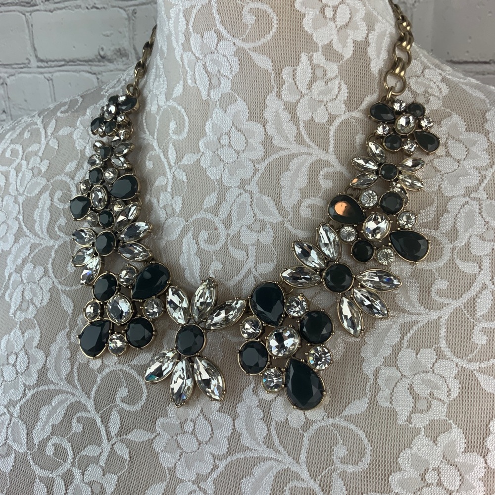 Statement Bib Necklace Black Clear Rhinestones - image 2